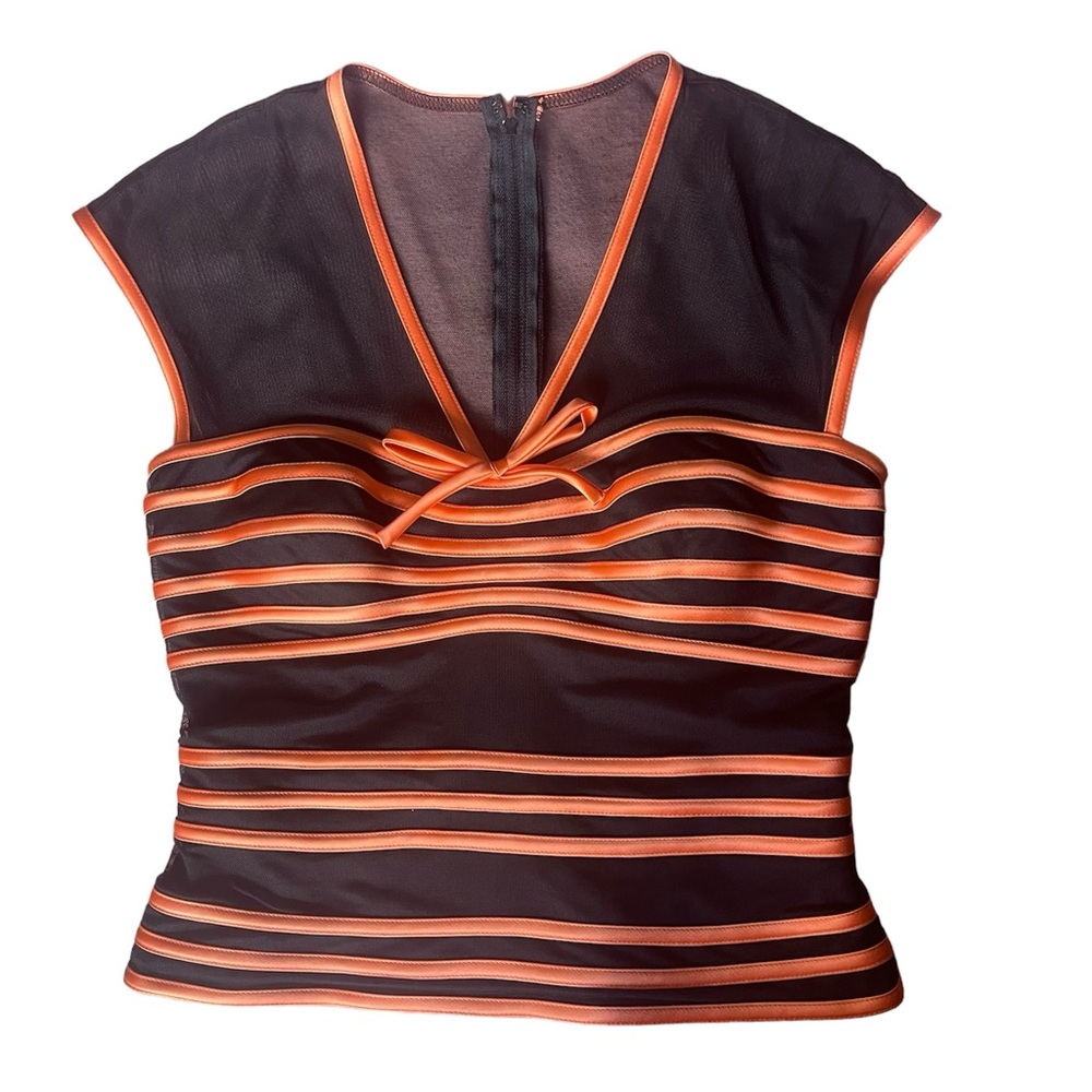 NWT JS Collections Black Orange Stripes V-Neck Mesh Top Bow Corset Bodice Size M